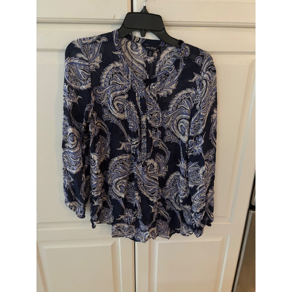 Lucky Brand Navy Blue Paisley Print Blouse Women's Size Medium Long Sleeve